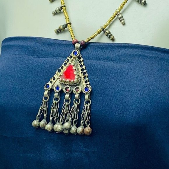 Vintage Triangular Amulet Style Pendant Necklace, Beaded Chain Necklace - Picture 4 of 13